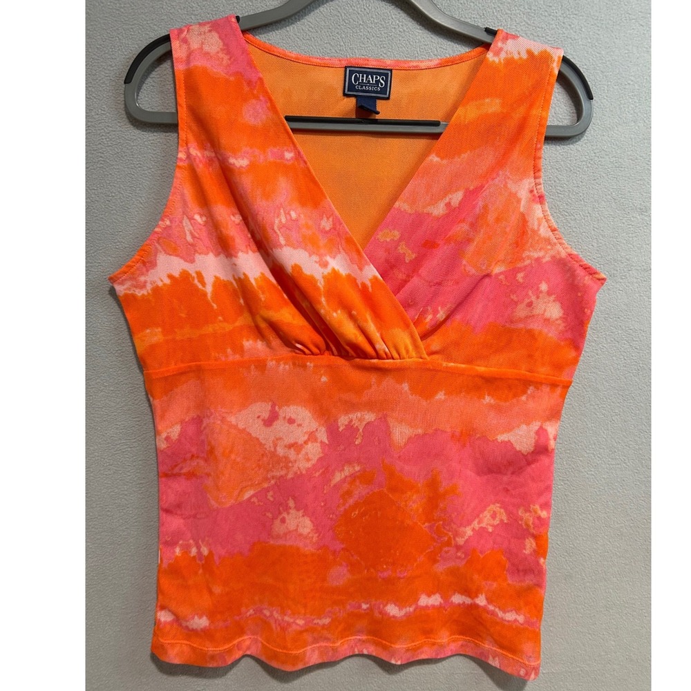 Chaps Classics Mesh Tank Top Women XL Orange Pink Tie Dye V Neck Summer colorful